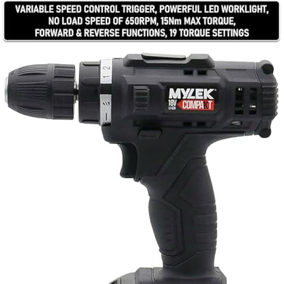 MYLEK MYW09 18V Cordless Drill Electric Screwdriver Set, Powerful Lithium Ion Battery Pack, 18 Volts Combi Driver, DIY Accessory Kit, Black