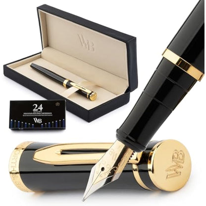 Wordsworth & Black Fountain Pen Set, Extra Fine Nib, Includes 24 Ink Cartridges and Ink Refill Converter Gift Box, Journaling,[Black Gold ]