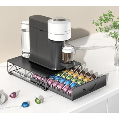 Multifunctional Metal Vertuoline Coffee Pod Holder for 60 Small or 40 Large Vertuo Capsules Pods & 40 Dolce Gusto Pods,Nespresso Vertuoline Capsule Drawer Organizer Coffee Machine Stand