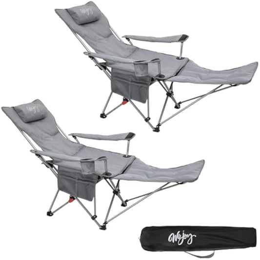 #WEJOY Camping Chairs Folding Recliner Chair Adjustable with Detachable Footrest Headrest Cup Holder Lightweight Portable Padded Reclining Camp Chair Fold Up Chair for Beach Garden,Grey Set of 2