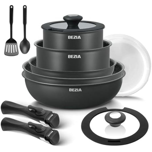 BEZIA Induction Hob Pans Set 13 Pieces, Non Stick Pots and Pans Set with Detachable Handles, Nonstick Kitchen Cookware Sets with Removable Handle, Stackable RV Frying Pans for Campers, Oven Safe