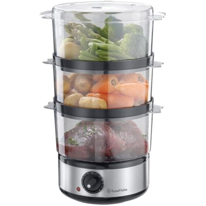 Russell Hobbs 3 Tier Electric Food Steamer, 7L, Stackable baskets for easy storage, Dishwasher safe BPA free baskets, Rice bowl inc, 60 min timer, Healthy eating, Energy saving, 400W, 14453