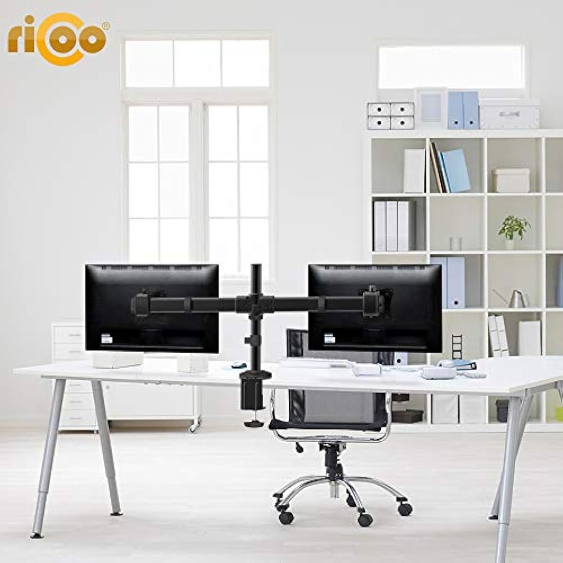 RICOO Dual Monitor Stand Tilt TS6211 Swivel 13-27 Inch VESA 75x75 100x100 Double Arm Mounting System LED LCD Screen Desk Mount Black