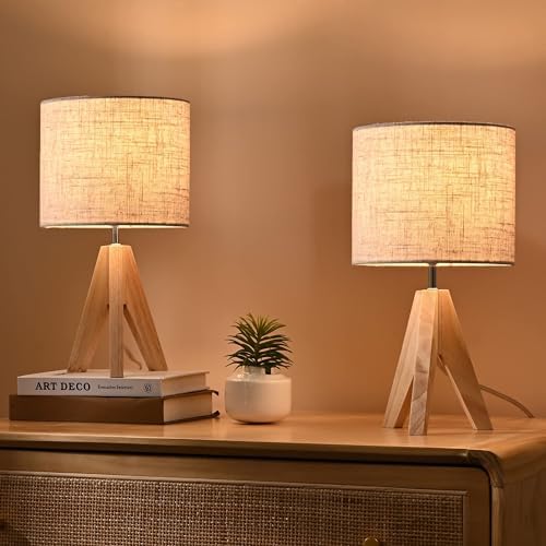 EDISHINE Bedside Lamps Set of 2, Wood Bedside Table Lamp, Tripod Desk Lamp with Beige Linen Lampshade, On-Off Switch, Desk Lamps for Living Room, Bedroom, Office, E27 Base, Linen