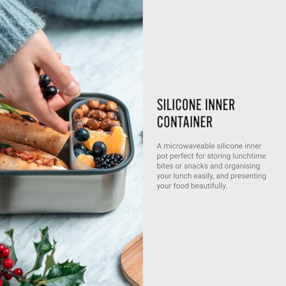 BLACK + BLUM BAM-SB-L005 Plastic Free Meal Prep Lunch Box Food Container with Bamboo Lid, Ocean Sandwich, Stainless Steel (304/18-8), Silicone, Anti-Bacterial, 1.25 liters