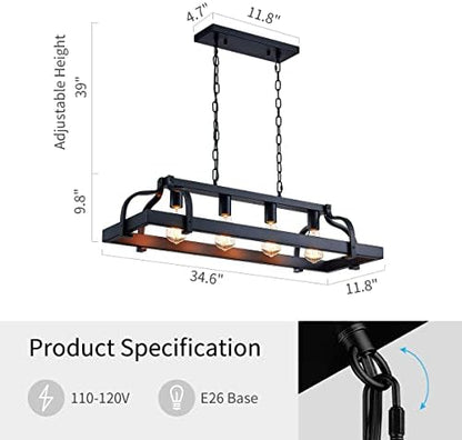 WUZUPS 4-Light Metal Pot Hanging Rack Chandelier Linear Pendant Ceiling Lighting Rustic Farmhouse Fixture Kitchen Island Dining Room, H25 x L88 x W30, E27 Base, Black
