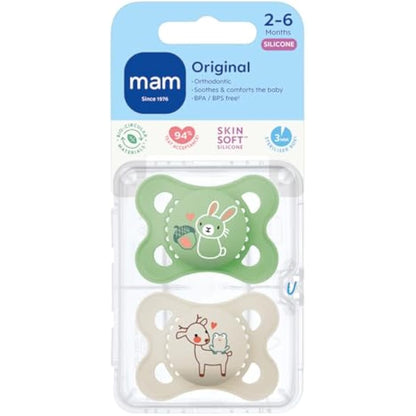 MAM Original Soothers | 0-6 Months | 2 Pack | Comes in Dummy Steriliser Case | Sustainable Materials | Baby Accessories for Newborn | Cream/Green (Various Designs)