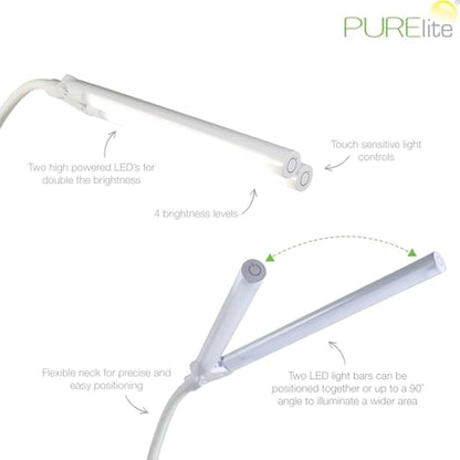 PURElite Natural Daylight Floor Lamp – Twin Lights for Double Power, Flexible LED Floor Light, 4 Colour Brightness Settings, Natural Daylight Bulbs for Reading, Needlework, Sewing, Crafting - White