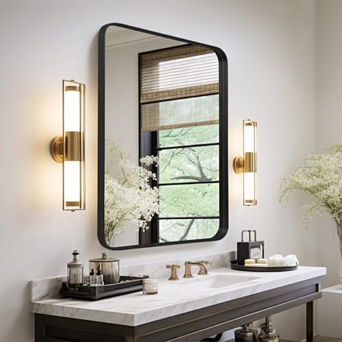 LunaMirror Wall Mirror 60x90 CM Wall-Mounted Bathroom Vanity Mirror Stylish Black Mirror Wall Decor Rectangle Wall Hanging Mirror with Curved Corners