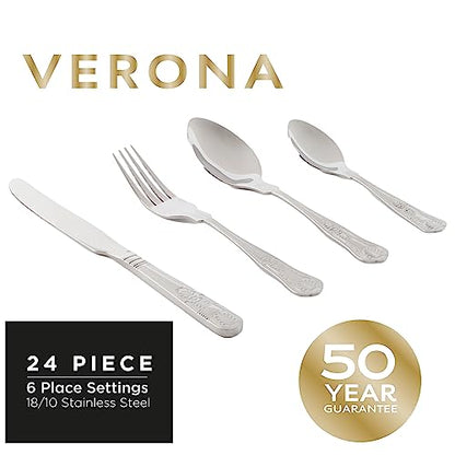 Russell Hobbs RH02850EU7 Verona Cutlery Set  24 Piece, 18/10 Stainless Steel, 6 Place Settings, Includes, Forks, Knives, Tablespoons, Teaspoons,