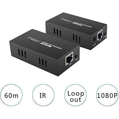 PWAY PW-HT225PIR HDMI Extender 195ft/60m Transmission over Single Cat5e/6/7 Full HD 1080P Support IR Control Loop out 3D EDID Function