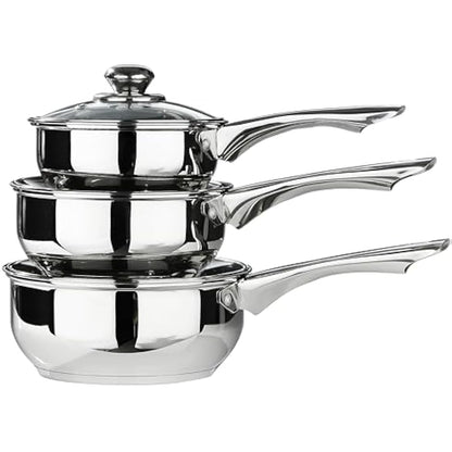 Premier Housewares Stainless Steel Saucepan Set, 3 Piece Set with Glass Lids,Silver,H14 x W40 x D26cm