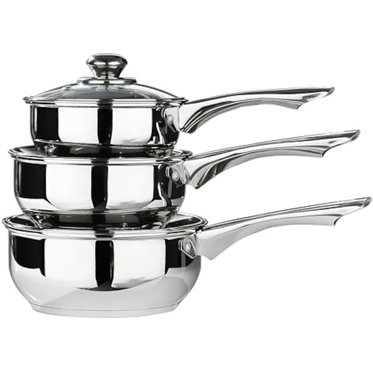 Premier Housewares Stainless Steel Saucepan Set, 3 Piece Set with Glass Lids,Silver,H14 x W40 x D26cm