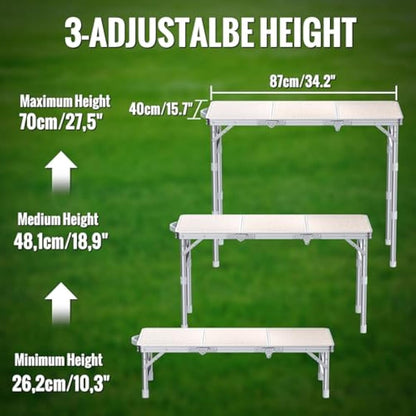 GARLLEN Folding Camping Table, 3-Adjustable Height Portable Folding Picnic Table with Storage Bag, Lightweight Aluminum Outdoor Table for Picnic, Camping, BBQ, 34.2" L x 15.7" W, Silver