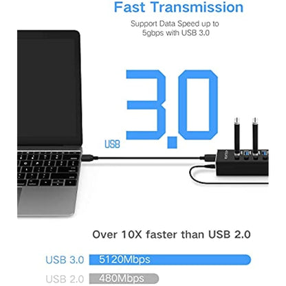 RSHTECH Powered USB 3.0 Hub Aluminum 10 Port USB 3.0 Data Hub with 12V/3A (36W) Power Adapter and Individual On/Off Switches & LED (RSH-A10)