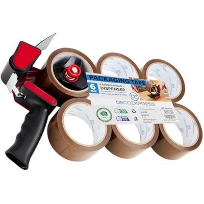 DECO EXPRESS Packaging Tape Dispenser Gun and 6 Rolls Parcel Tape Strong Brown Fragile Clear Heavy Duty for Packing Boxes Moving House Essentials (Dispenser Brown, 1 Pack)