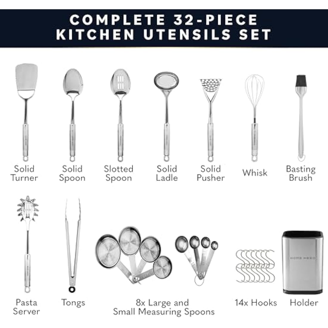 Kitchen Utensils Set - Non-Stick Heat Resistant Cooking Utensils Set - Spoons Turners Spatula Ladle Set - Kitchen Tools Gadgets Accessories (32 pcs Stainless Steel Set)