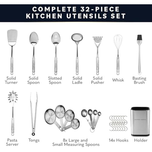 Kitchen Utensils Set - Non-Stick Heat Resistant Cooking Utensils Set - Spoons Turners Spatula Ladle Set - Kitchen Tools Gadgets Accessories (32 pcs Stainless Steel Set)