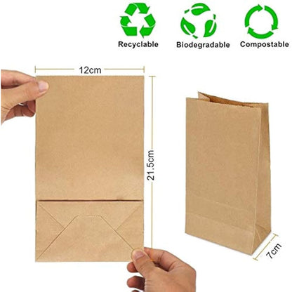 Gaoyong 100 Pieces Brown Paper Bags 12 x 7 x21.5 cm - 70 g./m2 with 100% Pure Kraft Paper for Grocery, Snack, Lunch, Birthday, Xmas Party Supplier and Wedding