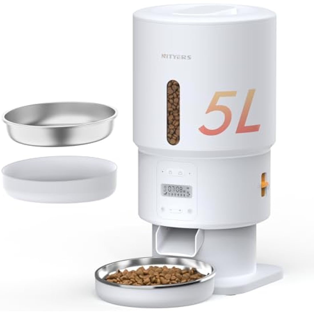 Automatic Cat Feeder, 5L Cat Feeder Automatic with Timer, Keep Food Fresh, Up to 16 Portions 6 Meals Per Day, Food Dispenser with Stainless Steel Cat Food Bowl, 10s Voice Recorder, Dual Power Supply