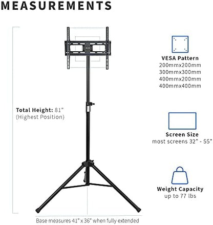 VIVO Black Tripod LCD LED Flat Screen TV Display Floor Stand, Portable Height Adjustable Mount