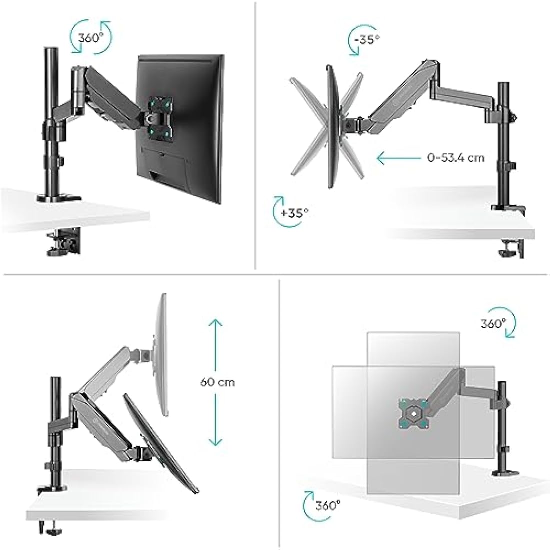 ONKRON Single Monitor Arm for 13 – 34 Inch Screens, Gas Spring Monitor Arm Desk Mount up to 8 kg, Screen Desk Clamp VESA 75x75 & VESA 100x100, Computer Screen Stand Tilt Swivel Rotation Black G70-B
