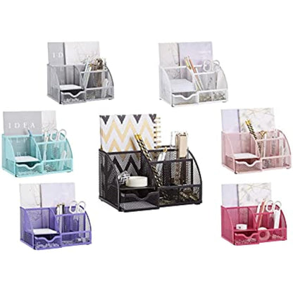 EXERZ Desk Organiser/Mesh Desk Tidy Caddy/Pencil Holder Multifunctional with 7 Compartments - Pink