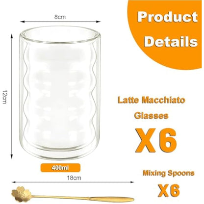 twoant 6 x 400ml Double Walled Glass Coffee Mugs with 6 Spoons,Cappuccino Latte Tea Cups Clear Coffee Cups Borosilicate Heat Resistant Glasses Cups