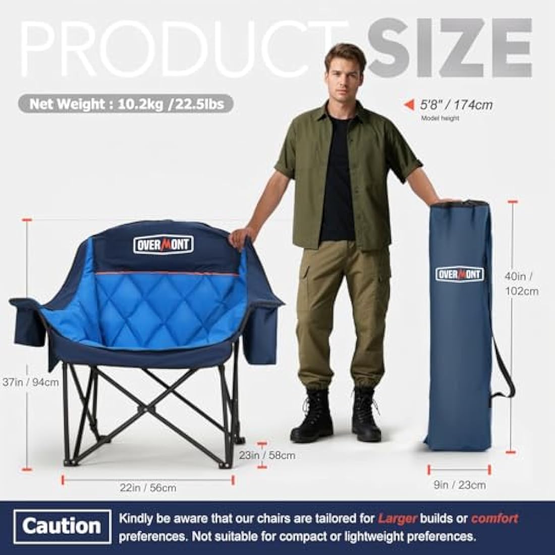 OVERMONT Oversized XL Camping Folding Chair for Adults - 450lbs Support Heavy-Duty Padded Folding Chair with Side Pocket Cup Holder for Outdoor Sports Garden Beach Fishing Lawn Blue