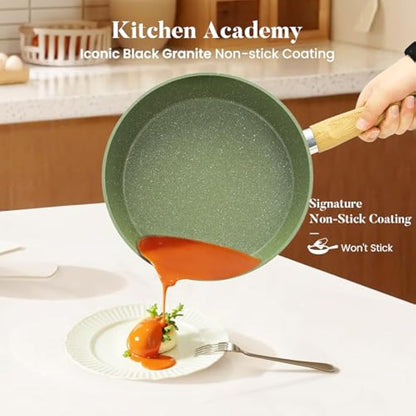 Kitchen Academy 17 Pcs Pots and Pans Set Non Stick, Induction Kitchen Cookware Set, Green Healthy Nonstick Granite Coated Saucepans Frying Pans Set, PFOA & PFOS Free