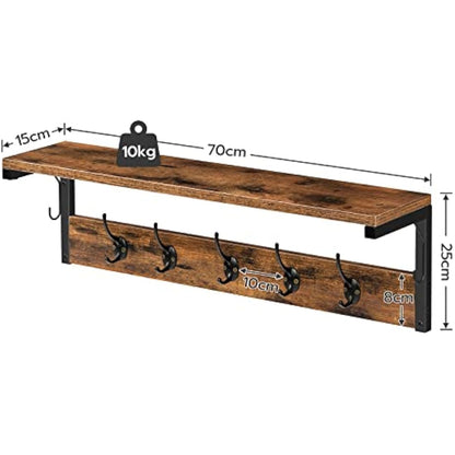 HOOBRO Coat Rack Shelf Wall-Mounted, Coat Hook with 7 Hooks and Shelf, 70 cm Hallway Coat Rack, Wall Floating Shelf with Hat Rack, for Bathroom, Kitchen, Laundry Room, Rustic Brown EBF16YM01