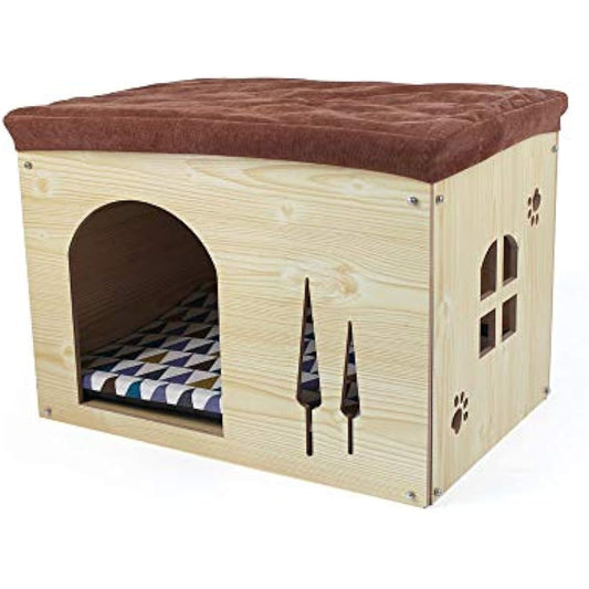 Cat Pet Bed House- Footstool Style Cat Cave Puppy Kennel, Foldable Pet House with Free Pet Cushion for Small Dogs Cats Rabbits Creative Wood Sitting Stool for Living Room Bedroom, Natural XL