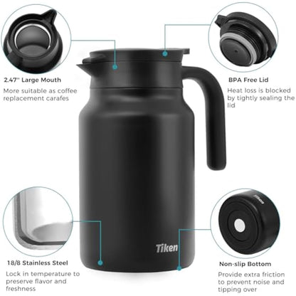 Tiken 1.5L Thermal Coffee Carafe Jug, Double Walled Stainless Steel Insulated Vacuum Coffee Flask for Hot &Cold Drinks