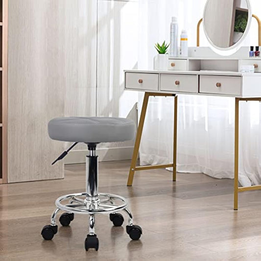 KKTONER Round Rolling Stool Chair PU Leather Height Adjustable Swivel Drafting Work SPA Shop Salon Stools with Wheels Office Chair Small (Gray)