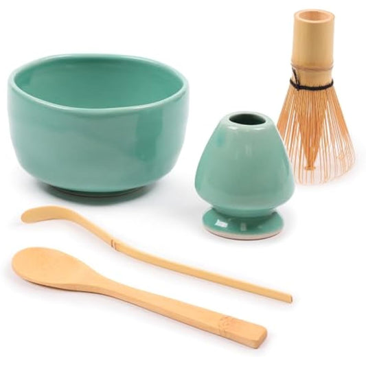 BambooMN Brand - Matcha Bowl Set (Includes Bowl, Rest,Tea Whisk, Chasaku, & Tea Spoon) 1 Set Green