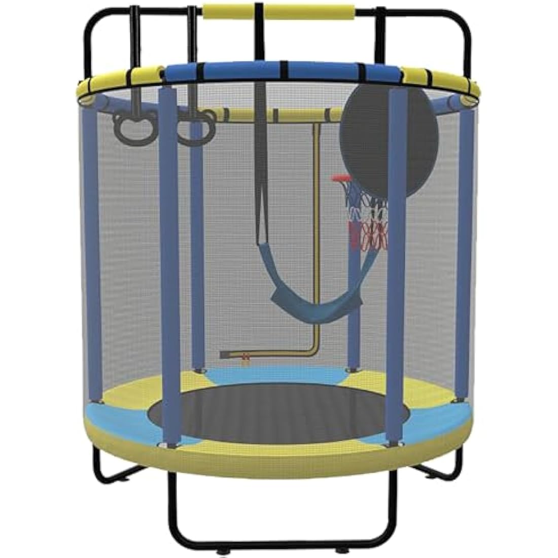 PILIN Children's Trampoline, Indoor/Outdoor Trampoline with Swings, Gymnastics Poles, Hoops, Basketball Hoop/Dart Board, 145x170 cm, Load Capacity 50kg