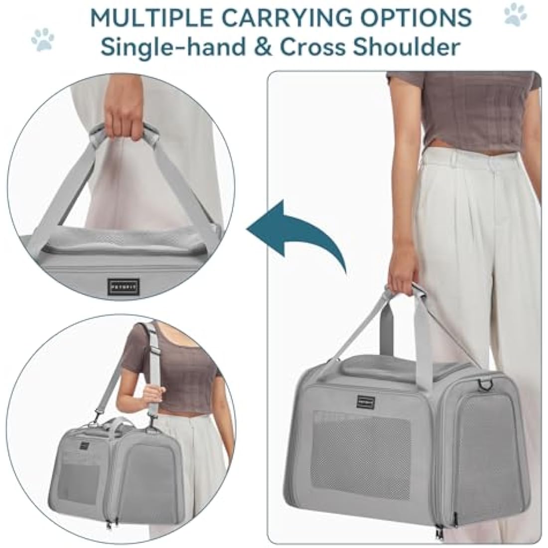 Petsfit Cat Carrier Large Up to 12KG,Pet Carrier with Extendable Fleece Mat,Dog Travel Bag Carrier with Safety Leash for Puppy for Car Use，50 * 33 * 33CM, Grey