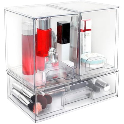 Large Stackable Storage Drawers, Clear Plastic Makeup Organiser with Pull-Out Drawer for Under Sink, Pantry, Bathroom, Kitchen and Office