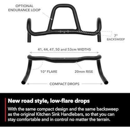 REDSHIFT Kitchen Sink Low Flare Handlebar with Loop for Road, Gravel, Touring, and Commuter Bikes, Aluminum Drop Bar, 31.8mm Clamp, with 20mm of Rise, 41cm Width