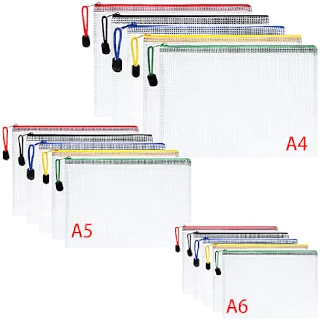 Vicloon Plastic Wallets, 15Pcs A4 A5 A6 Zip Lock Bags, Mesh Document Wallet Document Folders Plastic Pockets Zipper File Wallet for School Office Homework Travel Storage Bags (Color Zipper)