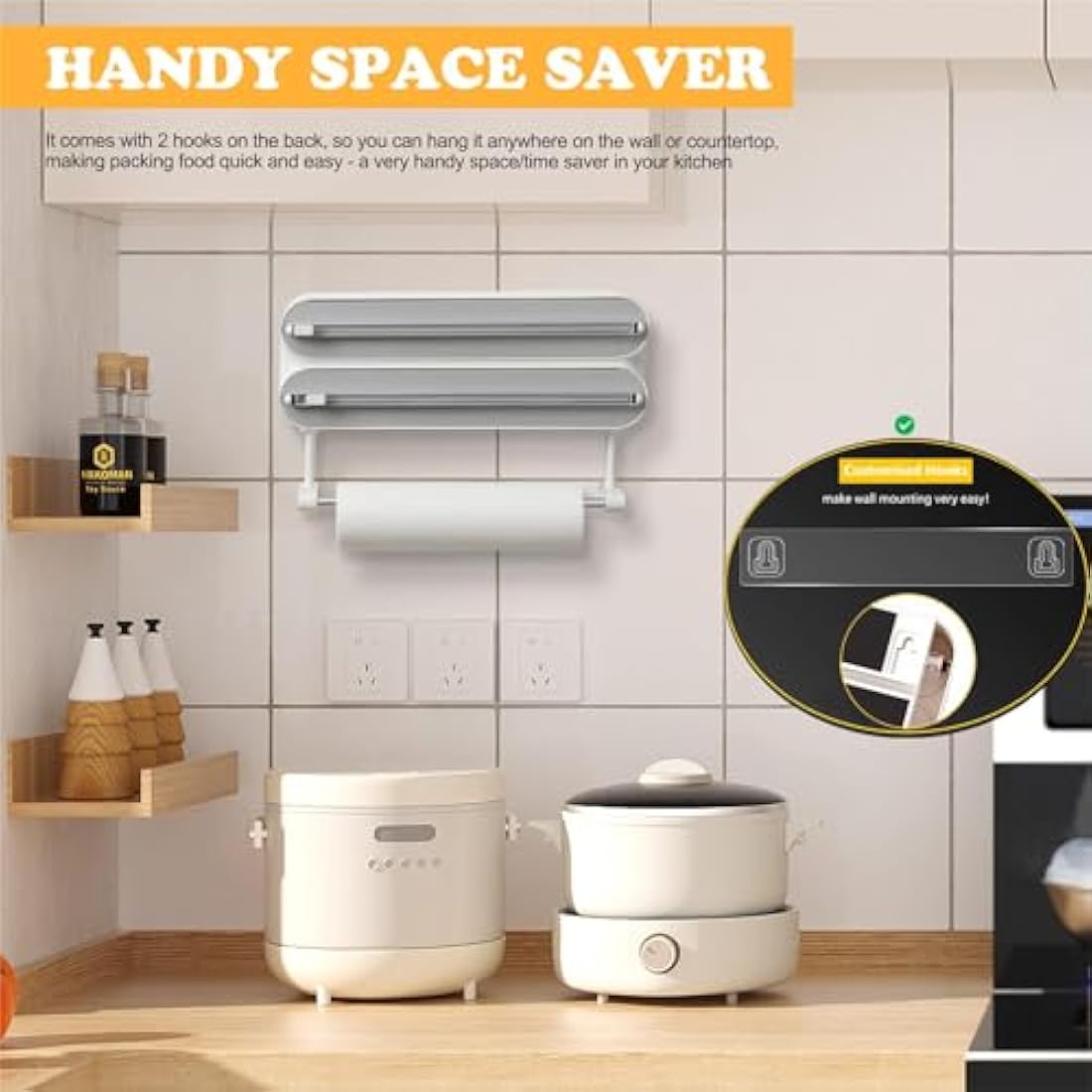 Magnetic Cling Film Dispenser and Cutter - Advanced 3-in-1 Wall-Mounted Kitchen Roll Holder, Quasziwa Refillable Cling Wrap & Aluminium Foil Dispenser with Paper Towel Holder - Fits 12" Roll, White