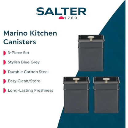 Salter Marino 3-Piece Kitchen Canister Set – Tea, Coffee, Sugar Tins, Long-Lasting Freshness, Powder-Coated Finish, Practical, Easy Clean/Store, Stylish, For Tea Bags/Granules, Not Labelled, Blue Grey
