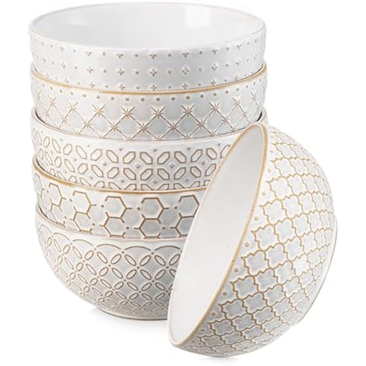 Dowan 800ml Cereal Bowls Set of 6, 15.2cm Embossed Deep Bowls for Meals - Salad, Oatmeal, Soup, Noodle & Ramen Dishes - Microwave & Dishwasher Safe - Vintage White