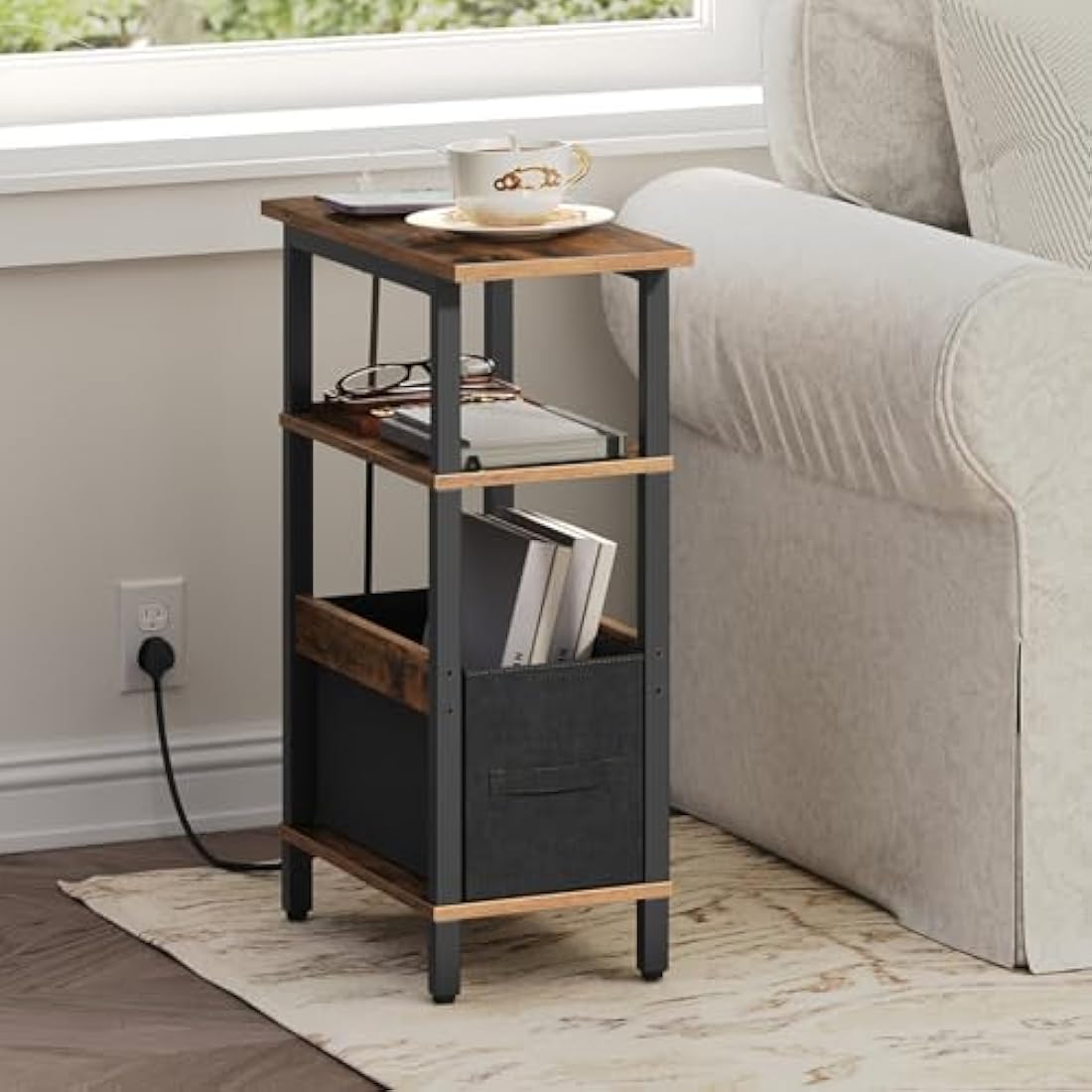 MAHANCRIS Narrow Side Table with Charging Station, 3 Tier Small End Table for Small Spaces, Slim Side Shelf with Storage, for Living Room, Bedroom, Rustic Brown AETHR125KE01