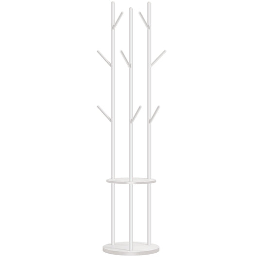 HOOBRO Coat Stand, Coat Rack for Hallway, Freestanding Coat Rack Stand with 8 Hooks, Storage Shelves, Hall Trees for Clothes, White EWT33YM01