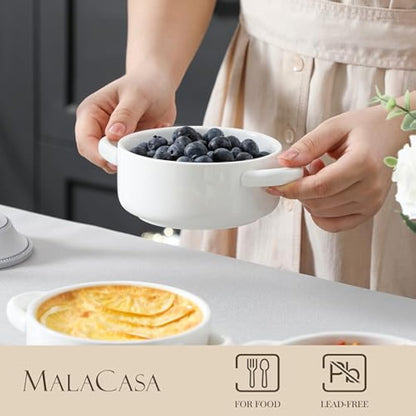 MALACASA Casserole Dishes for the Oven, 440ML 4.8" Small Porcelain Ramekins with Handle and Lid, White Mini Cocotte of 4, Ceramic Dutch Oven Set for Lasagna, Soufflé, Soup, Oven Proof Bakeware