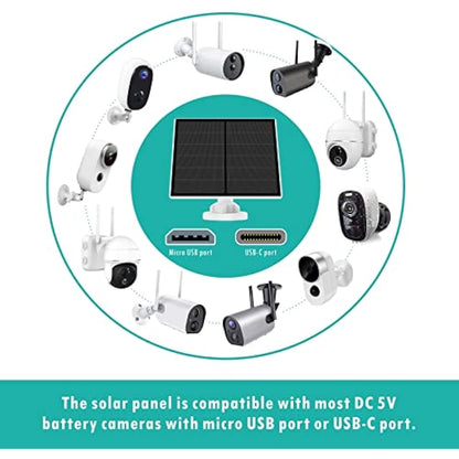 5W Solar Panel for Security Camera, Solar Panel for DC 5V Outdoor Rechargeable Battery Camera, Solar Panels with Micro USB and USB-C Port, Adjustable Security Mount, IP65 Waterproof, 9.8ft Cable