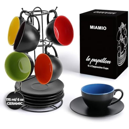 MIAMIO - Set of 6, Ceramic Stackable Cappuccino Cups Set / 175 ml Cappuccino Mugs and Saucer with Metal Stand for Coffee Drinks, Cappuccino, Latte, Americano and Tea - Le Papillon Collection (Mixed)