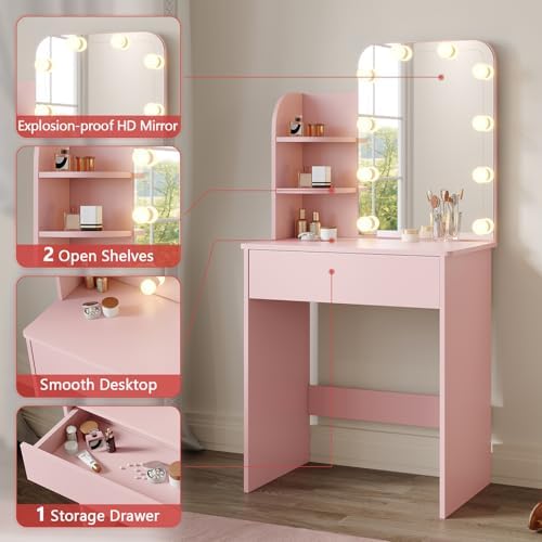ZANOFIRA Dressing Table with LED Lights Mirror, Vanity Table with Dimming & 3 Color Modes