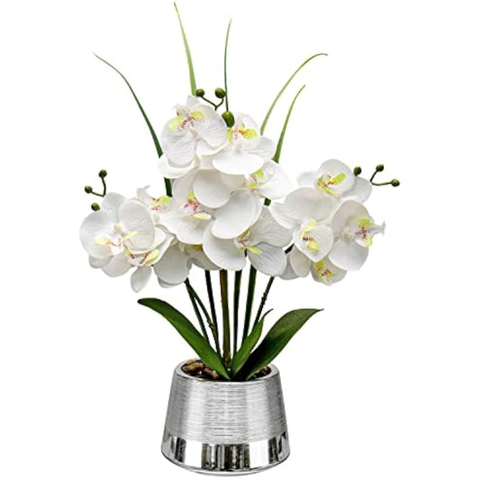 Oairse 40cm Artificial Orchid Flowers White Artificial Flower in Silver Ceramic Pots Real Touch Silk Phalaenopsis with 14 Flowers Fake Orchids Plant for Home Kitchen Bathroom Table Centerpiece Decor